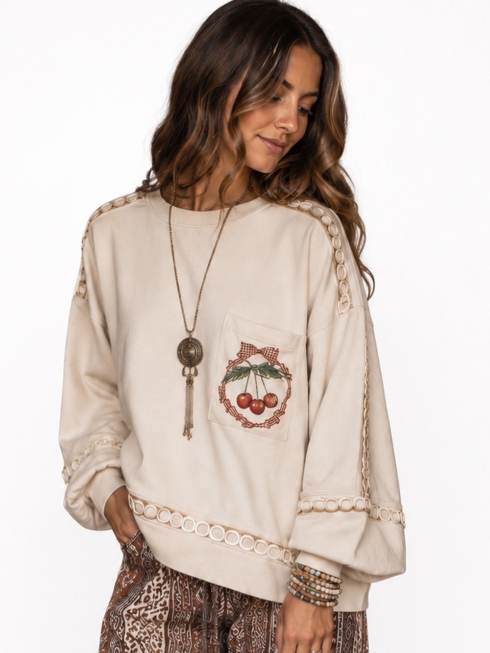 Easel Cherry Embroidered Pocket Eyelet Top – Size Medium BRAND NEW WITH TAGS